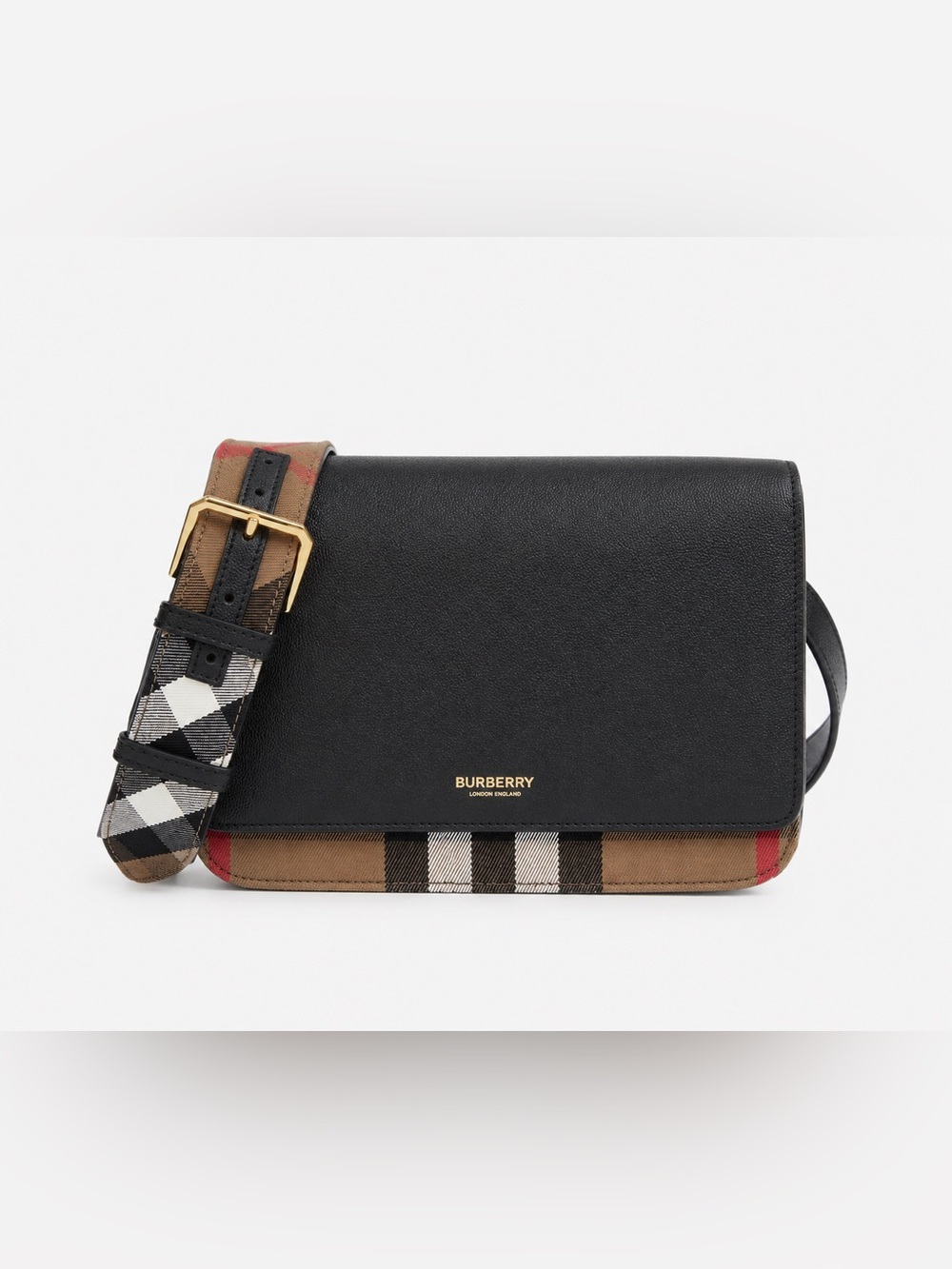 Burberry Black Leather Crossbody with Classic Check Strap